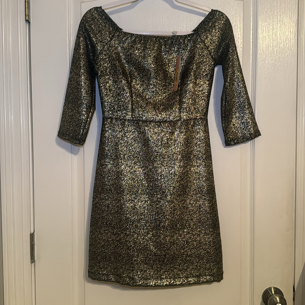 Gianni Bini GB Black Gold Speckled Off-the-Shoulder Cocktail Party Dress